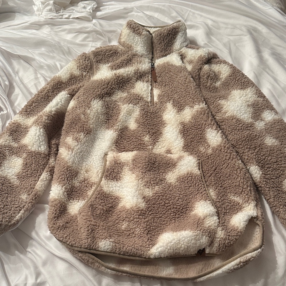 Cozy Tan and Cream Cow Print Teddy Jacket